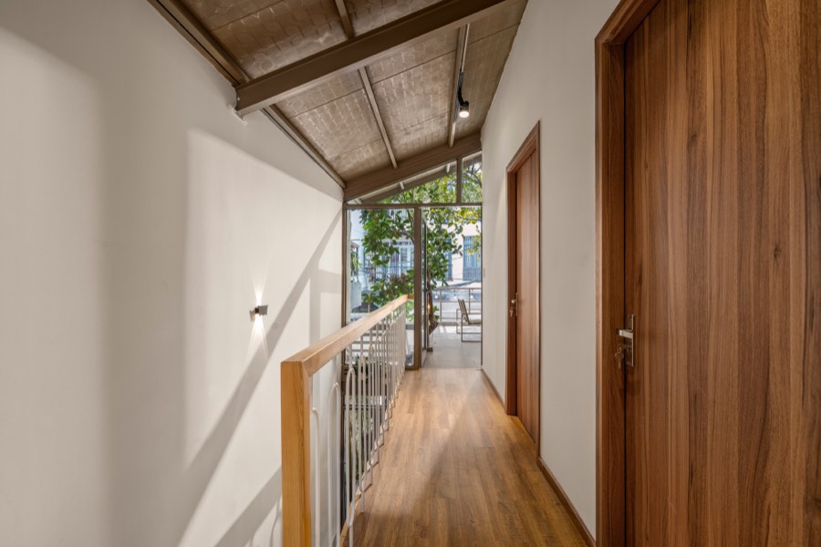 The upstairs landing, opening onto the terrace — upstairs at Fuka House, Da Nang